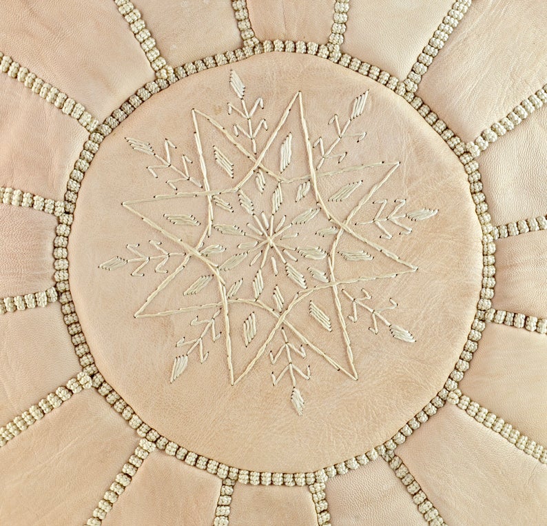 Moroccan Leather Pouffe, Natural Untreated Ottoman - Image 2