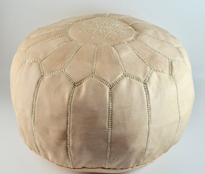 Moroccan Leather Pouffe, Natural Untreated Ottoman - Image 6