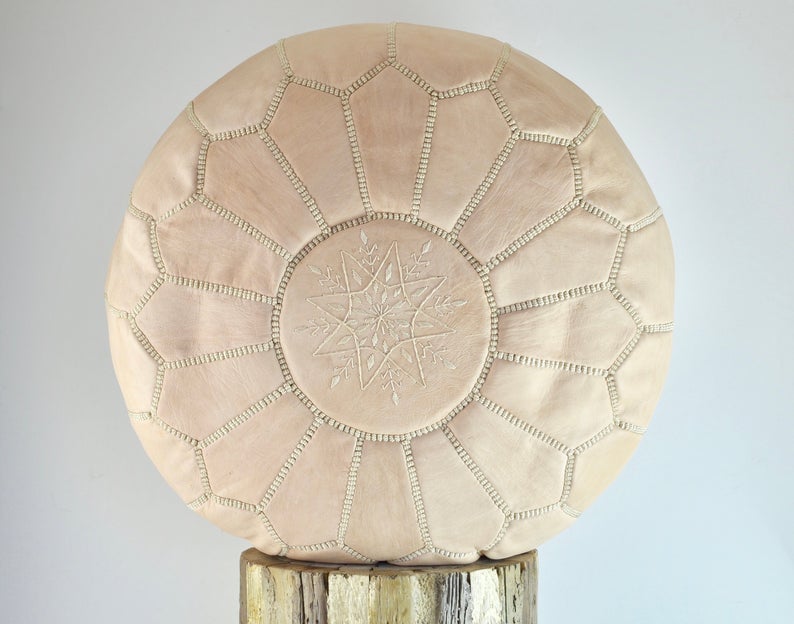 Moroccan Leather Pouffe, Natural Untreated Ottoman