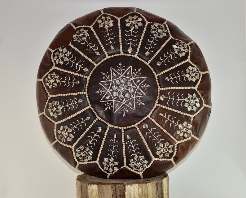 Moroccan Leather Pouffe, Dark Brown Embroidered Ottoman