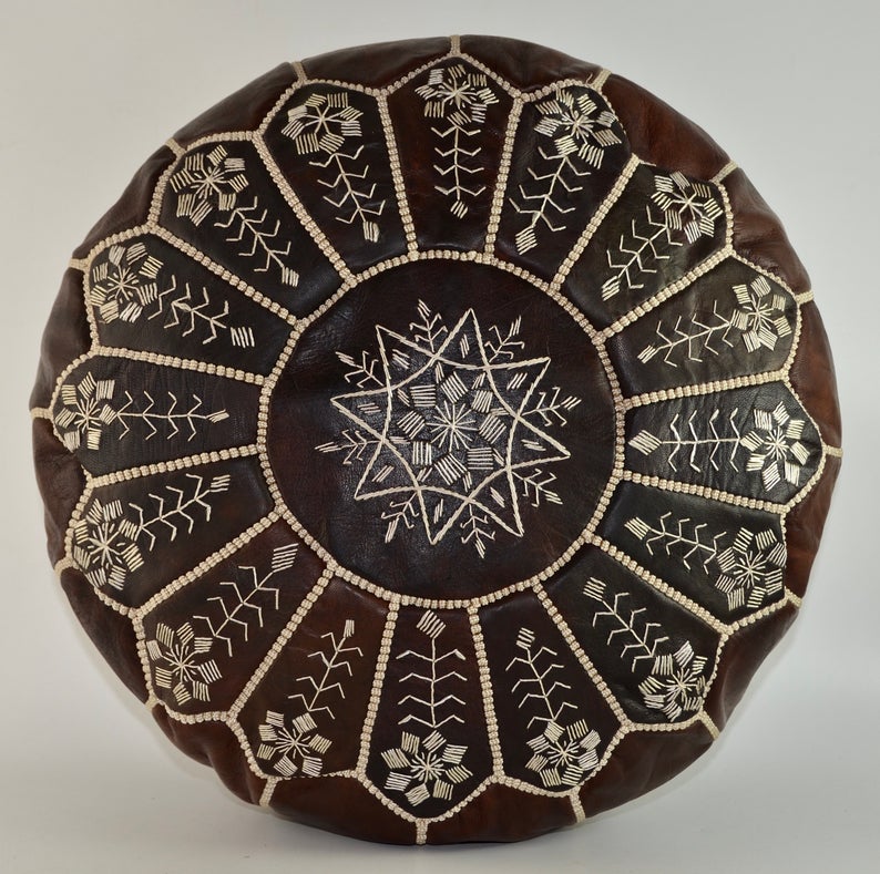 Moroccan Leather Pouffe, Dark Brown Embroidered Ottoman - Image 9