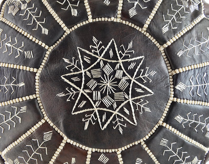 Moroccan Leather Pouffe, Dark Brown Embroidered Ottoman - Image 2
