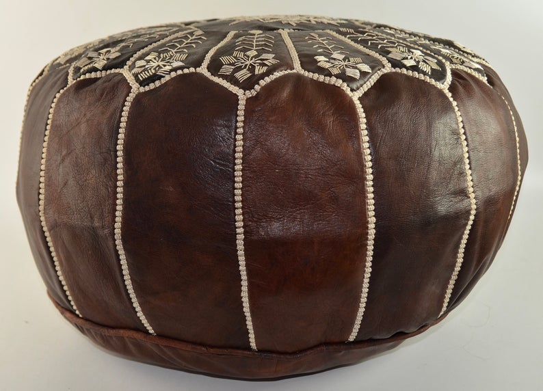 Moroccan Leather Pouffe, Dark Brown Embroidered Ottoman - Image 3