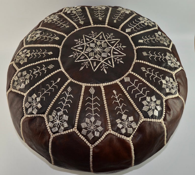Moroccan Leather Pouffe, Dark Brown Embroidered Ottoman - Image 4