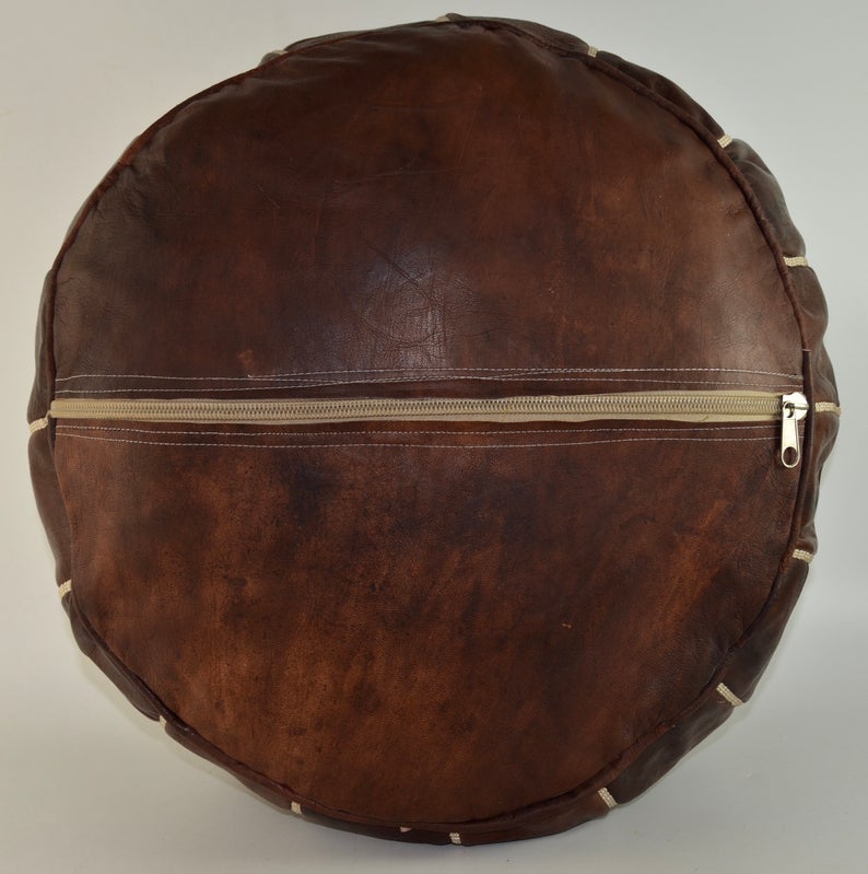 Moroccan Leather Pouffe, Dark Brown Embroidered Ottoman - Image 5