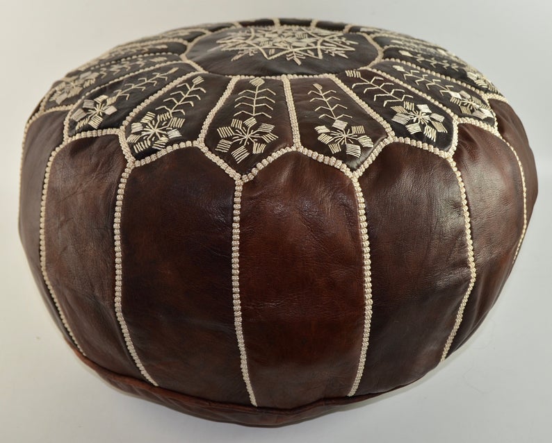 Moroccan Leather Pouffe, Dark Brown Embroidered Ottoman - Image 7