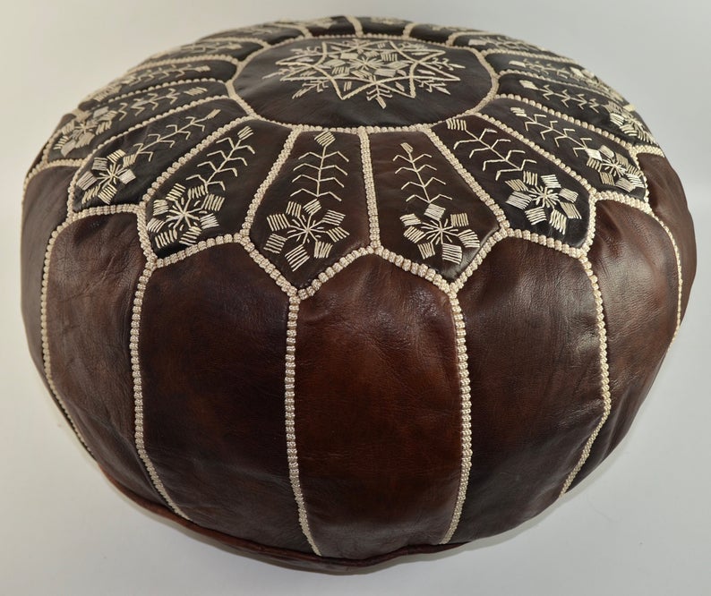 Moroccan Leather Pouffe, Dark Brown Embroidered Ottoman - Image 8