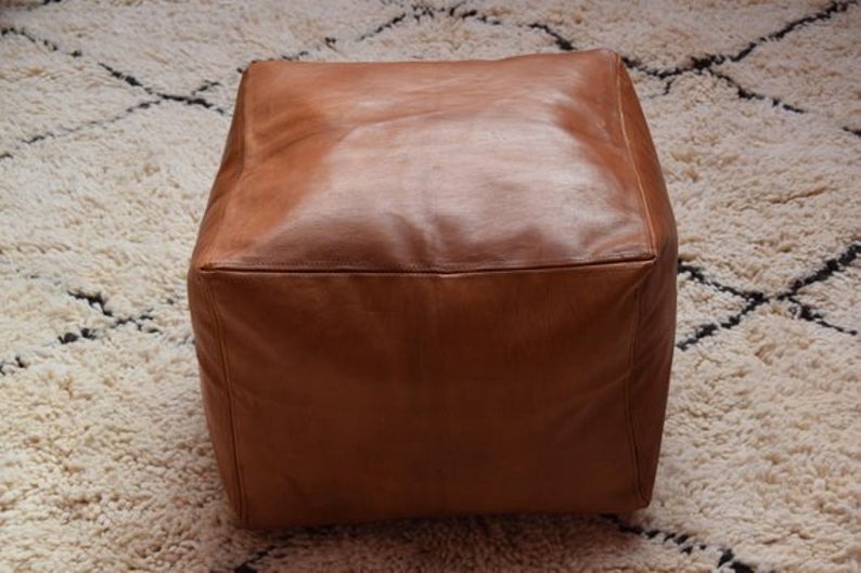 Square Moroccan Leather Pouf Marrake, Brown Leather Pouf