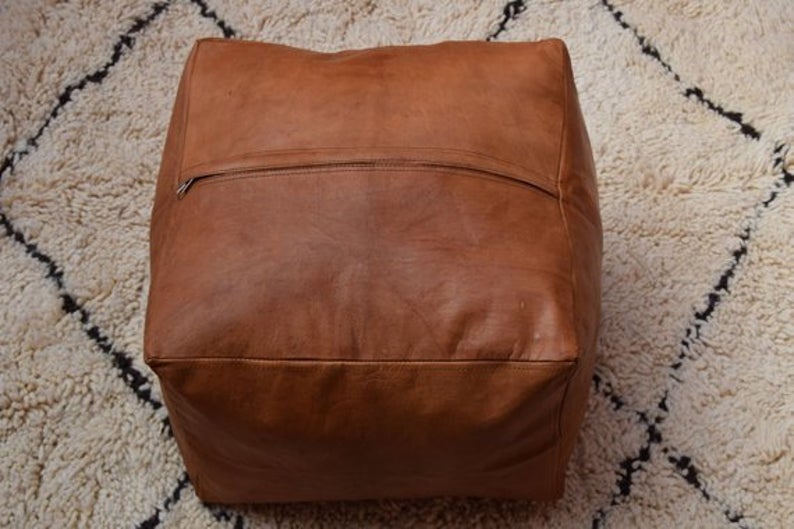 Beautiful Square Moroccan Leather Pouf, Brown