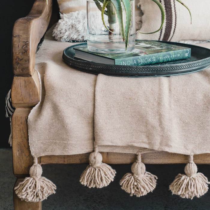 Moroccan Cream-Offwhite Pom Pom Blanket - Image 3